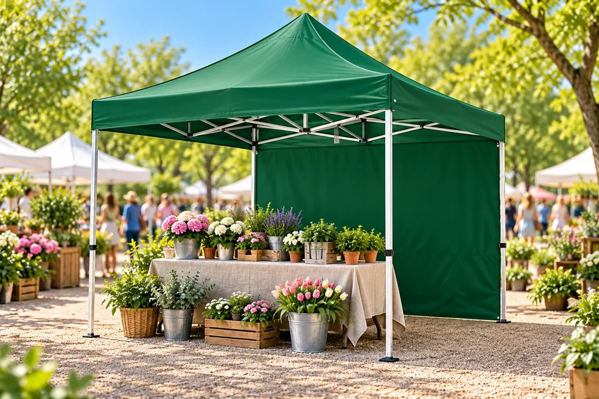 3m SIDE WALL in green on a 3x3m tent at a garden market