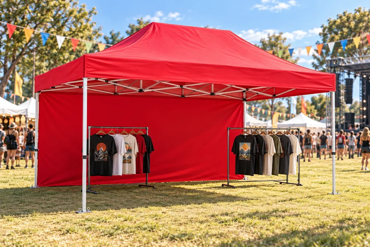 4,5m SIDE WALL in red on a 3x4.5m tent at a music festival