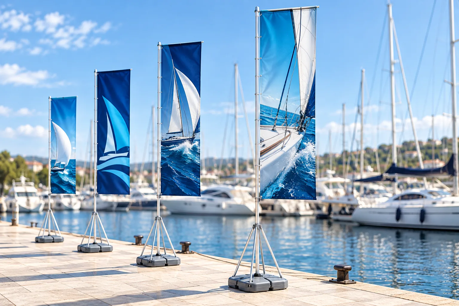 4/5 METER FLAGS along a marina quay