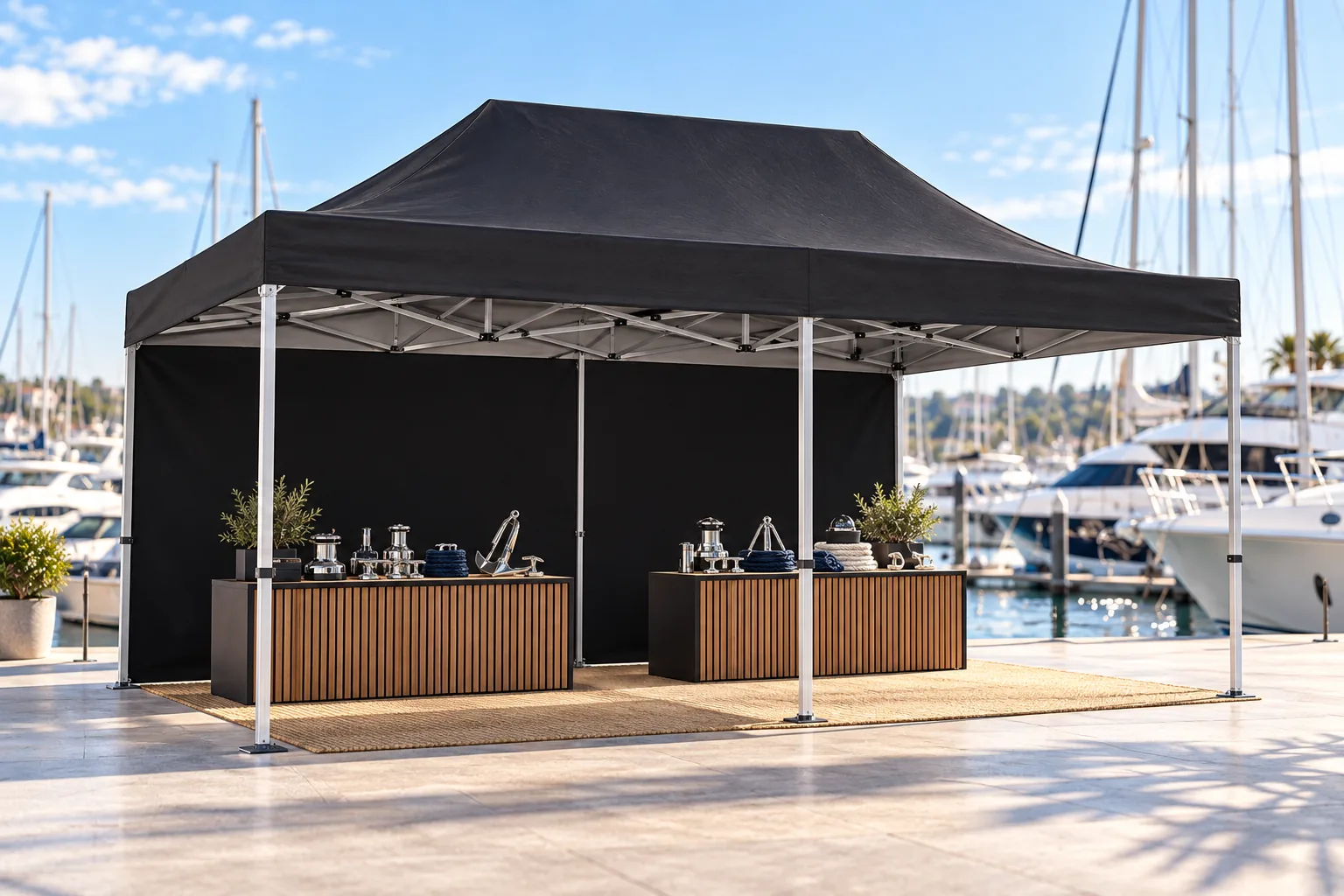 Black 6m SIDE WALL on a 3x6m tent at a boat show