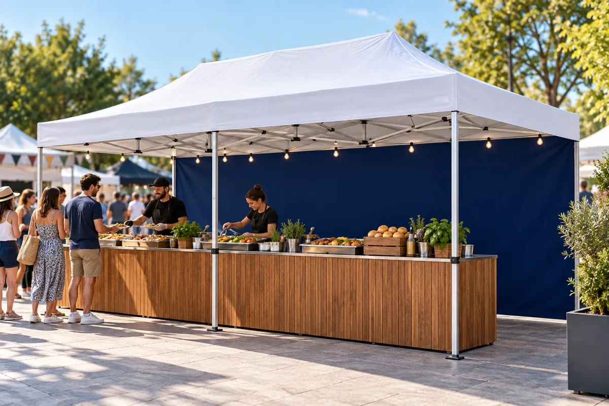 6m SIDE WALL in navy blue on a 3x6m tent at a street-food festival