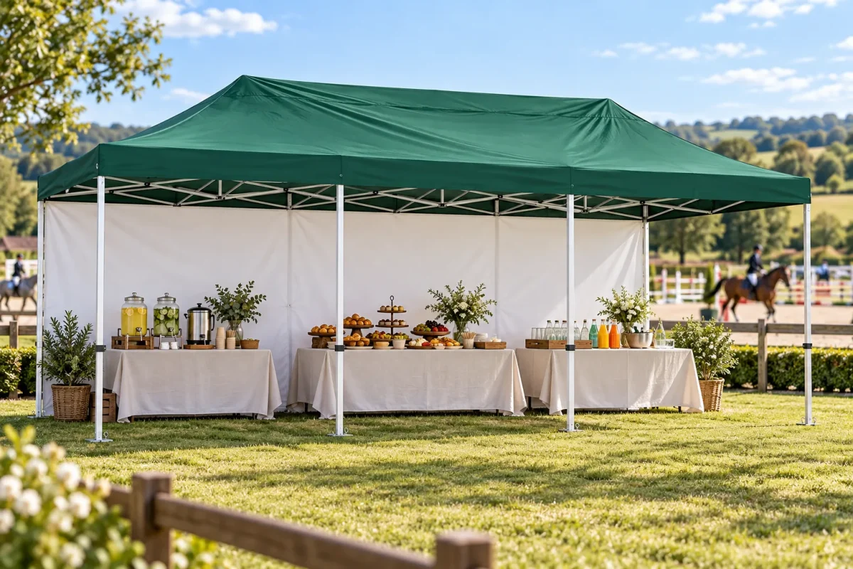 8m SIDE WALL in white on a 4x8m tent at an equestrian show