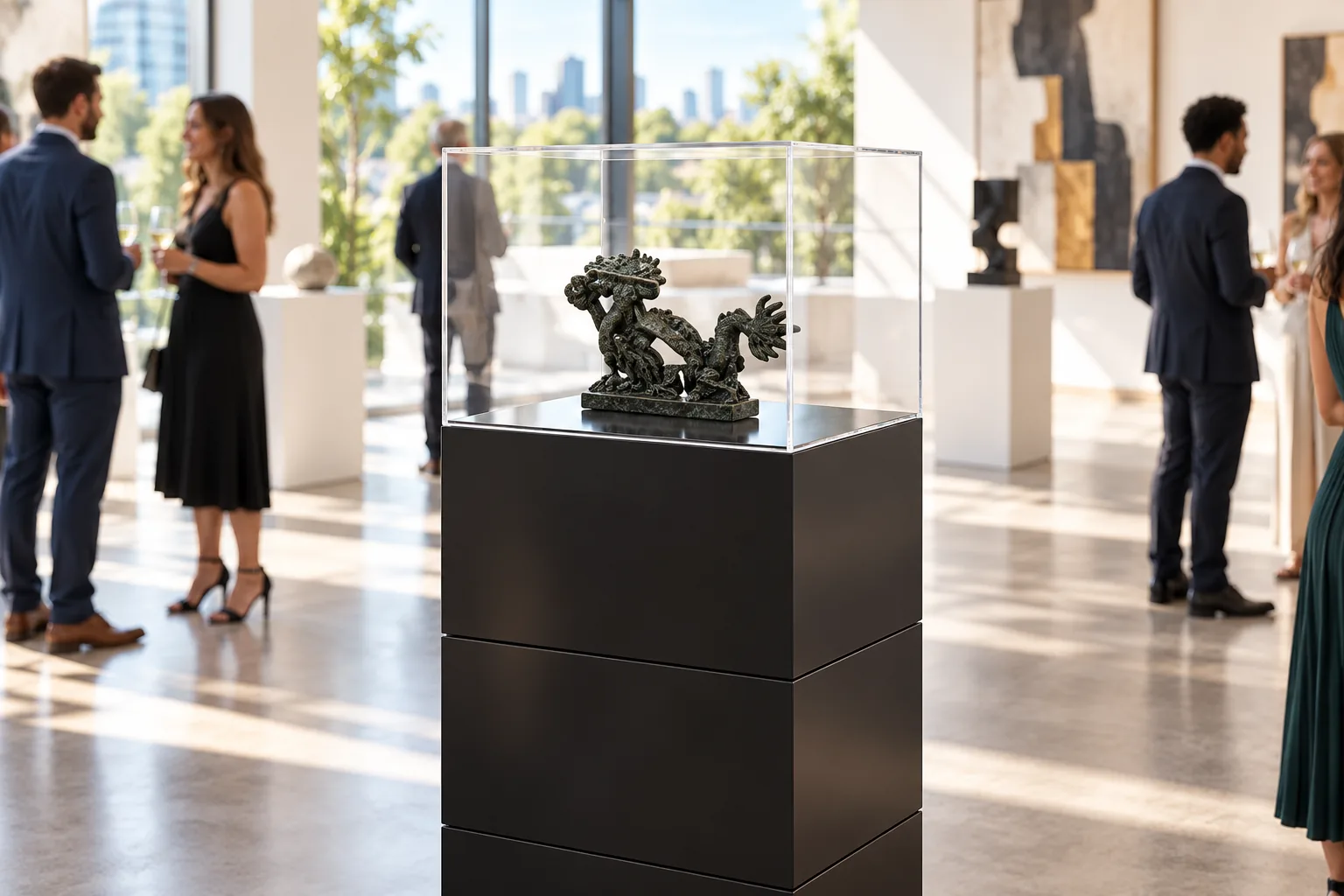 ACRYLIC CUBE on a black column at a gallery