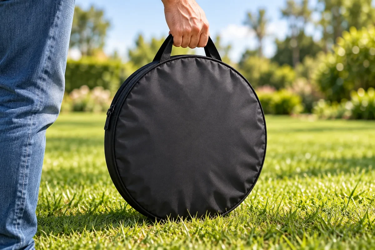 BEAN BANNER folded into its transport bag