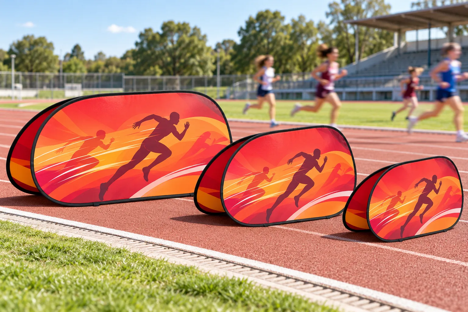 BEAN BANNERS in three sizes along a running track