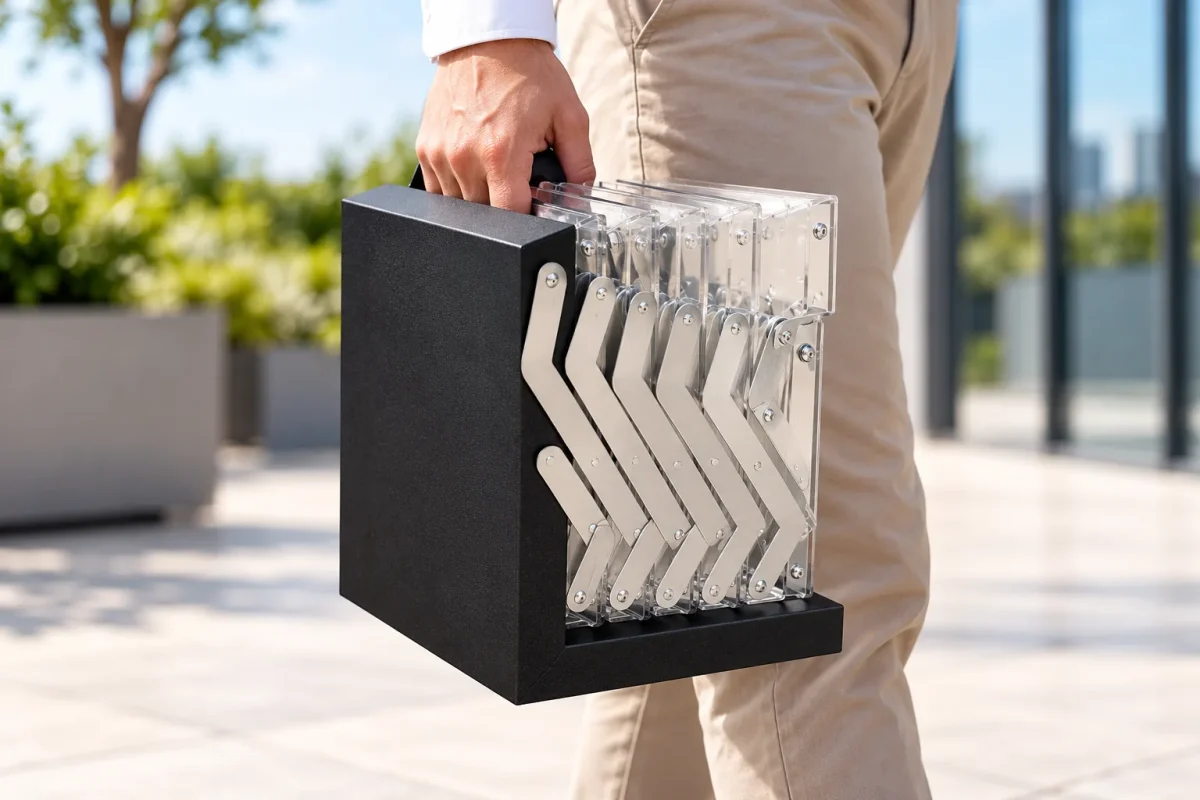 BROCHURE STAND folded into its metal case
