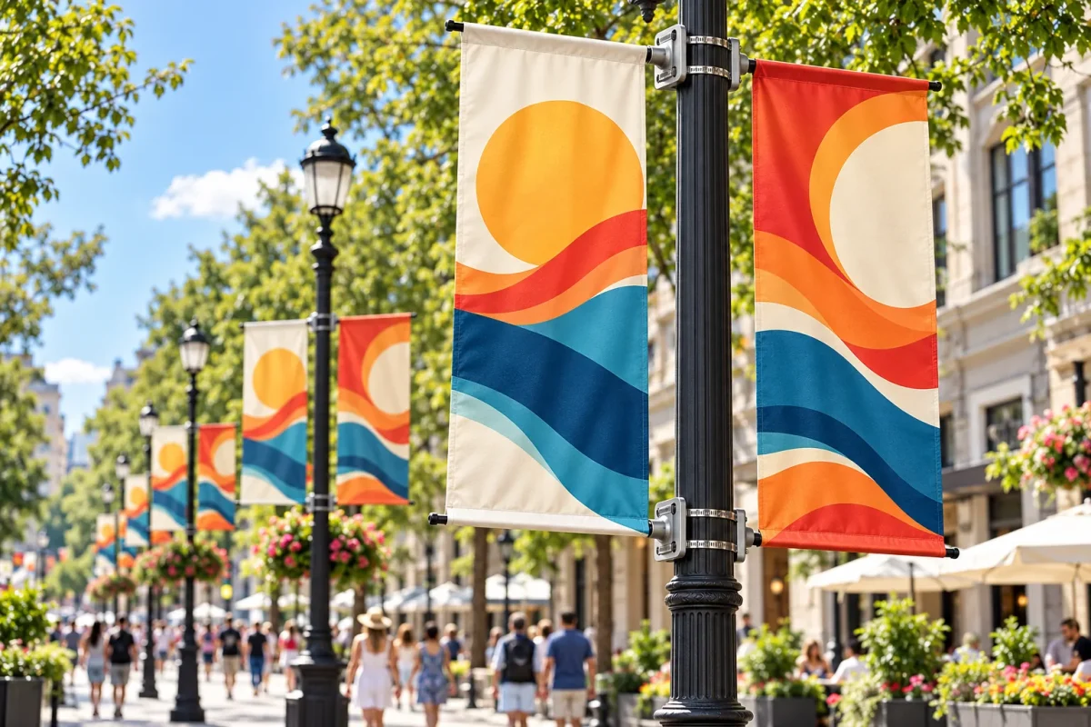 CITY FLAGs on lampposts along a boulevard