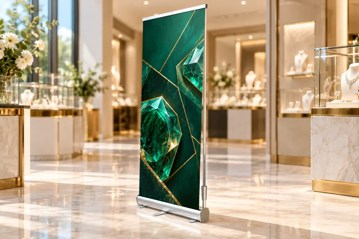 EASY CHROME roll-up banner in a jewellery boutique