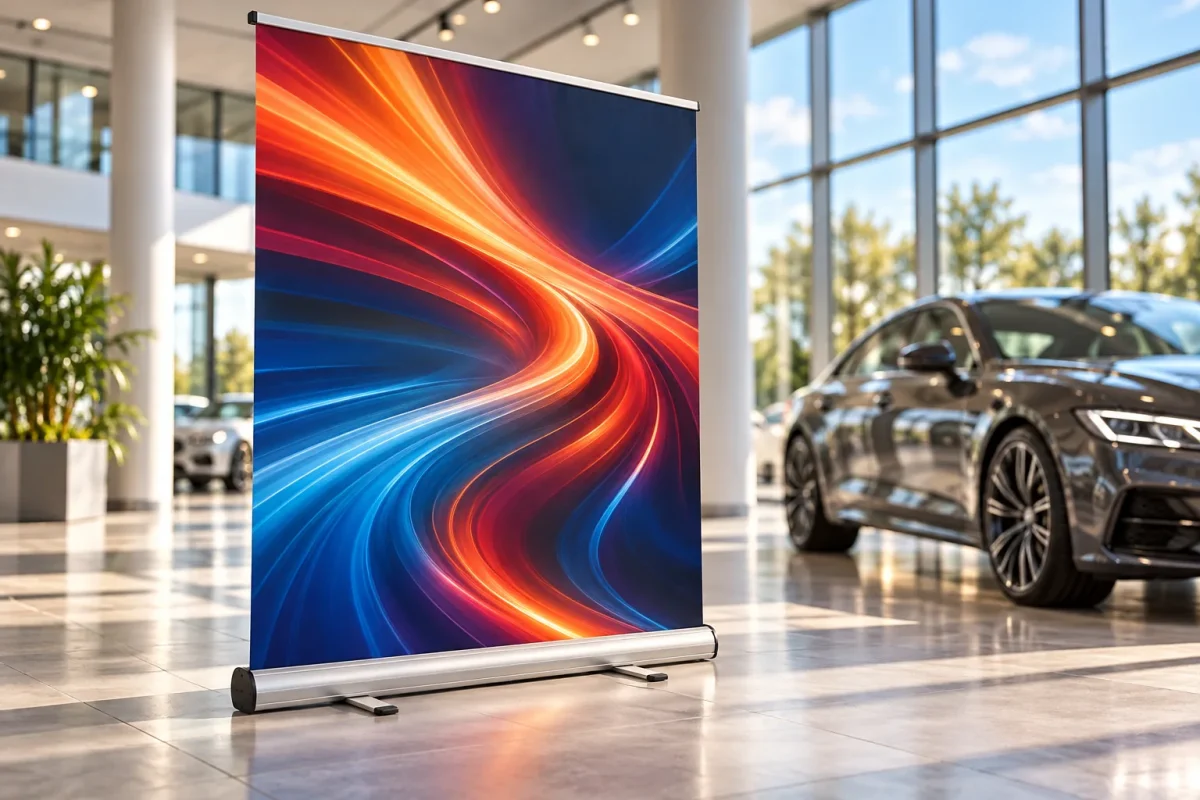 EASY ROLL PLUS roll-up banner in a car showroom
