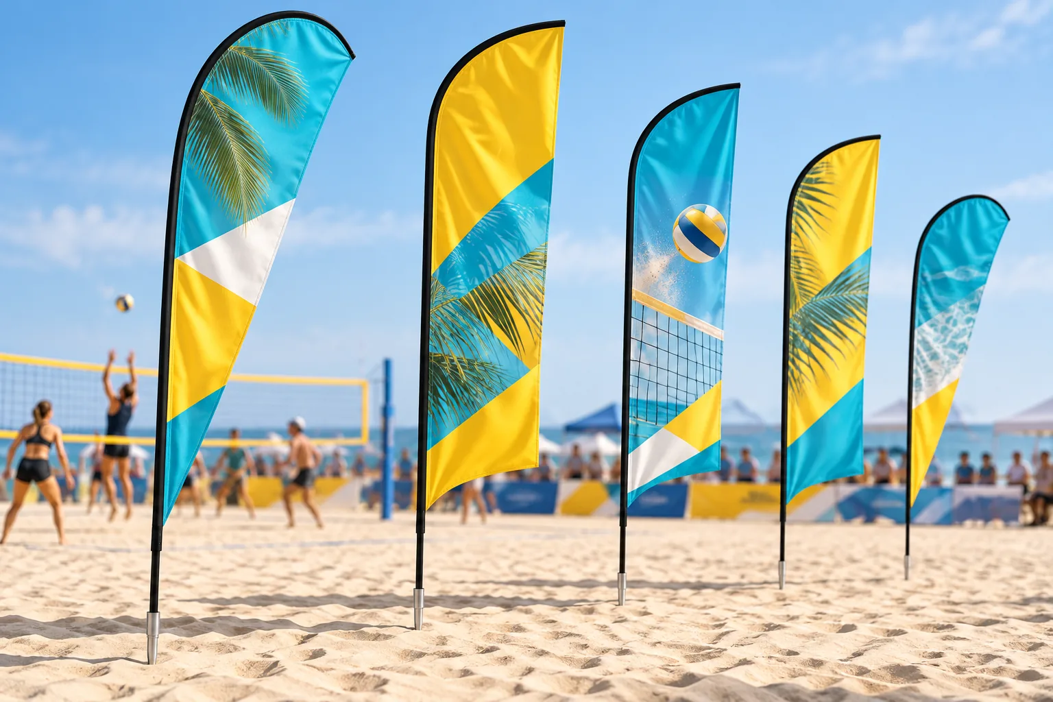 Flags on spike bases on a beach