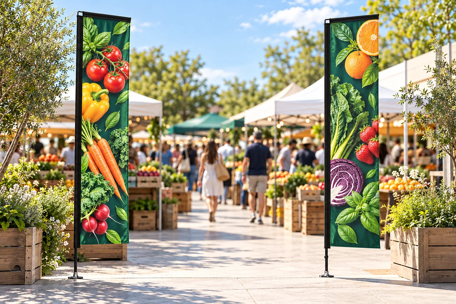 H FLAGS at a food market entrance