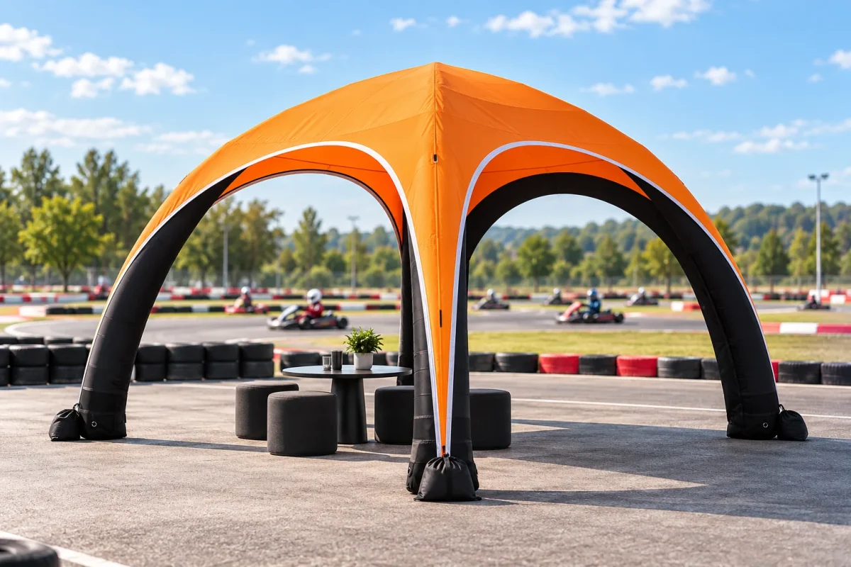 INFLATABLE TENT 4x4 with an orange roof at a karting track