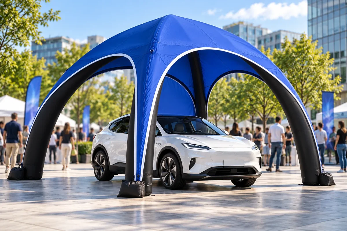 INFLATABLE TENT 6x6 with a blue roof at a car launch