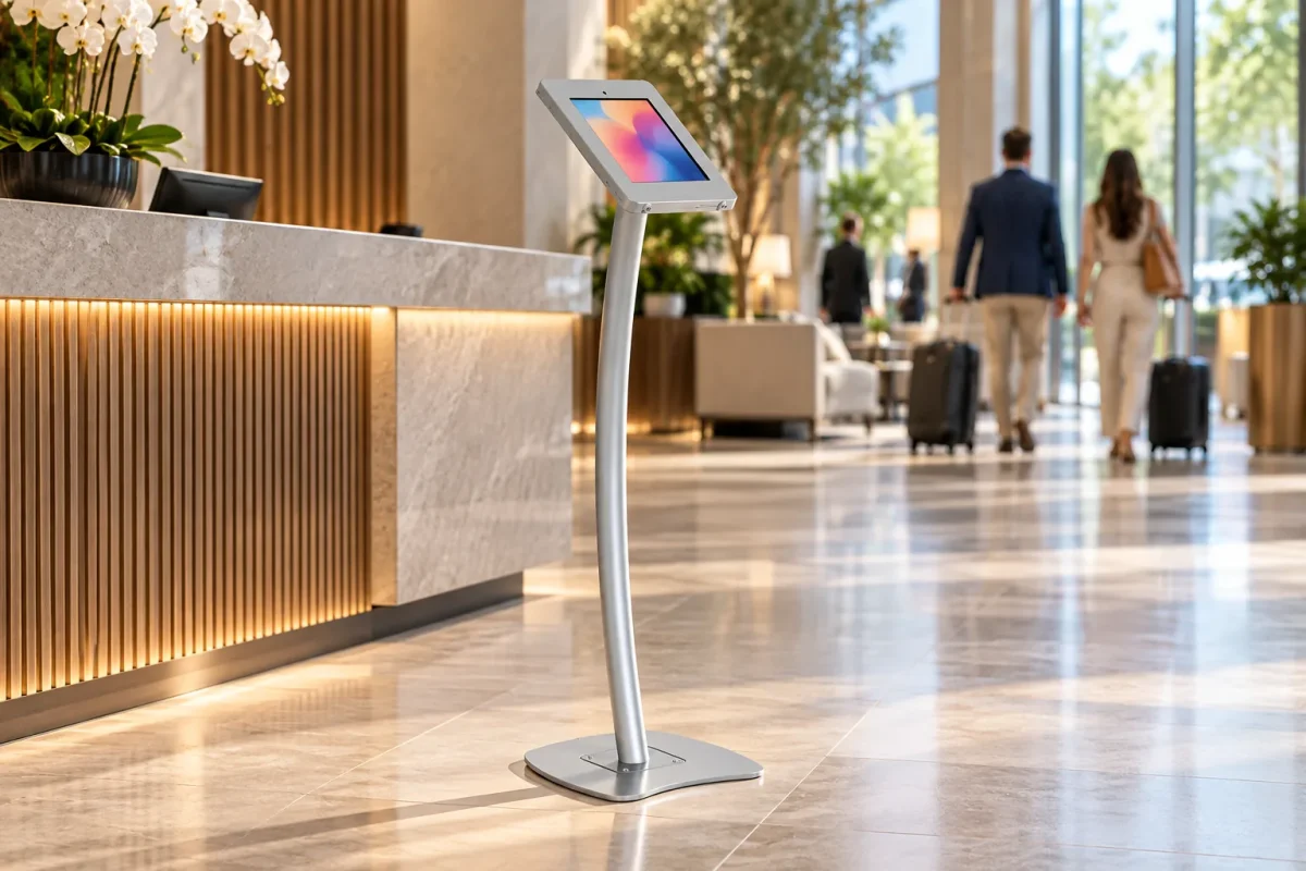 Floor-standing iPAD KIOSK in a hotel lobby