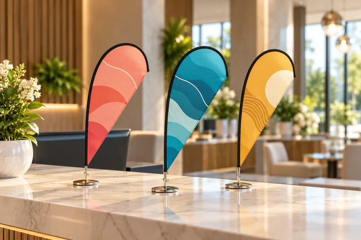 Table MINI FLAGS on a hotel reception desk