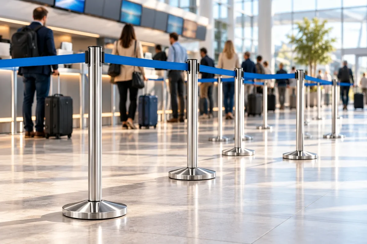 POLE BARRIERs with blue belts at an airport
