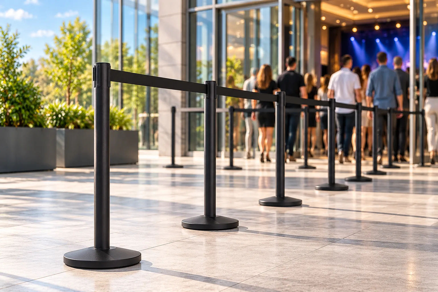 Black POLE BARRIERs at a concert venue
