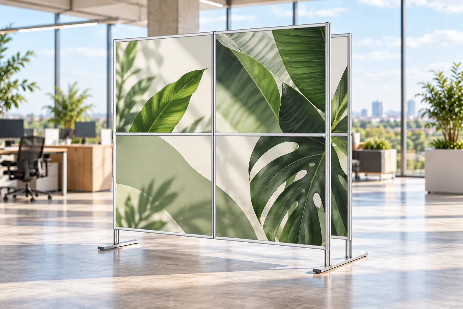Q FRAMEs on twin-pole feet as an office divider