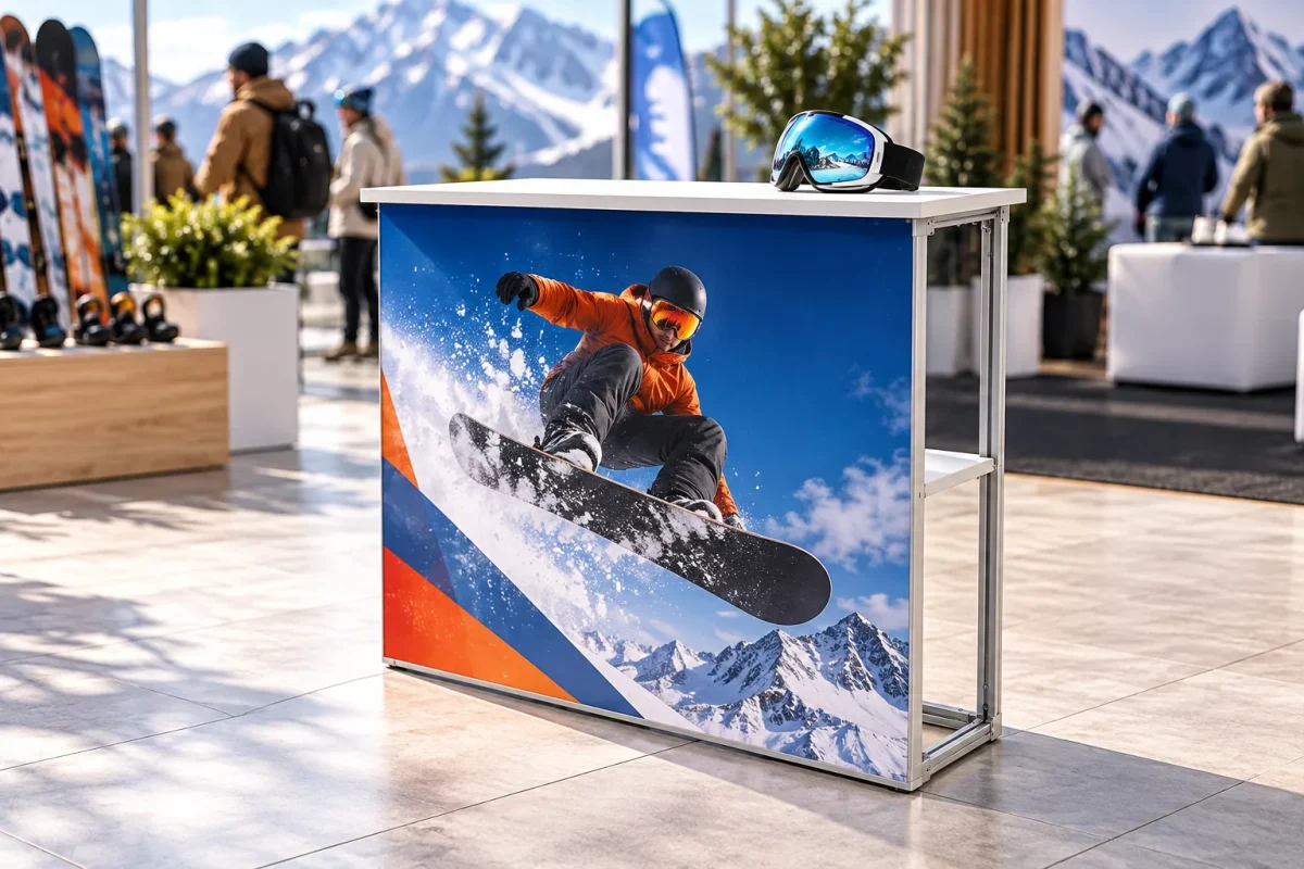 Q COUNTER at a snowboard stand