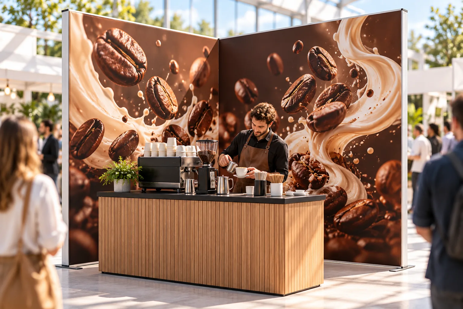 Two Q FRAME 200cm forming a coffee stand corner