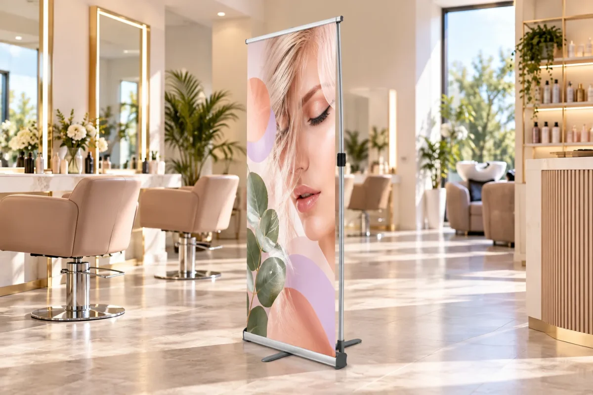 ROLL STYLE roll-up banner in a beauty salon