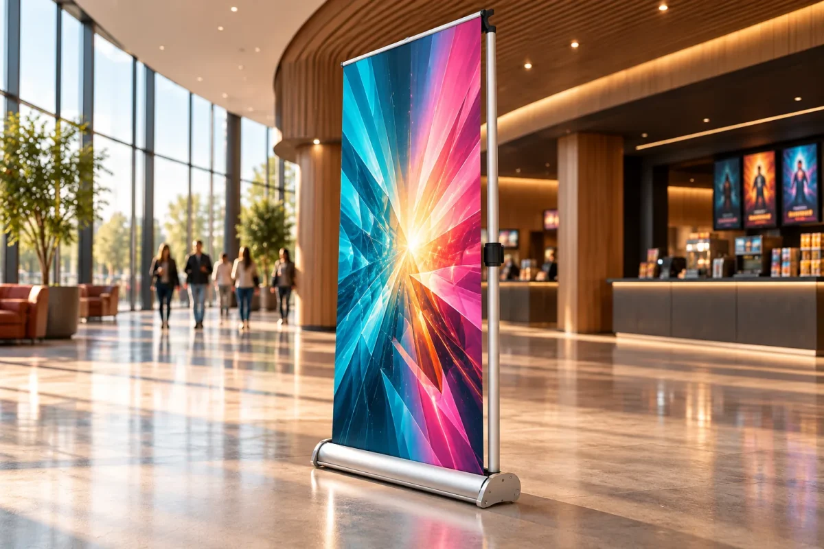 ROLL X CHANGE roll-up banner in a cinema foyer
