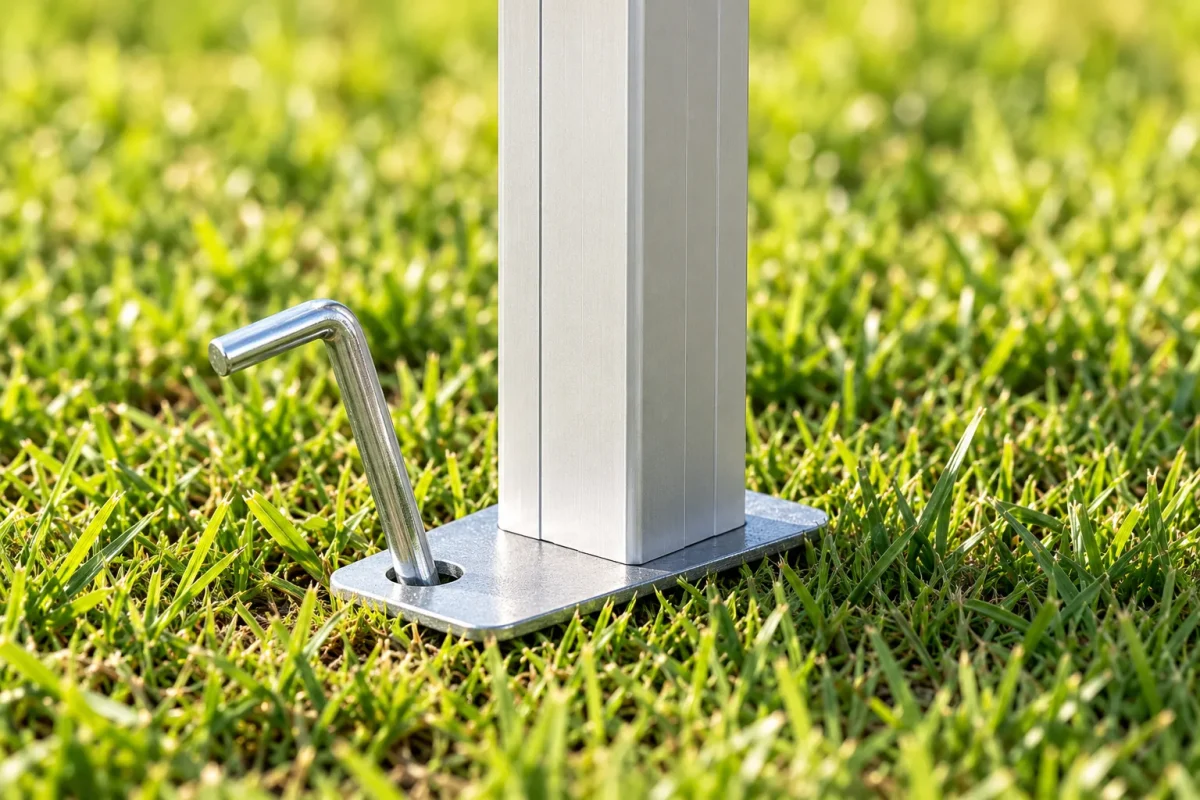 Steel foot of the tent leg on grass