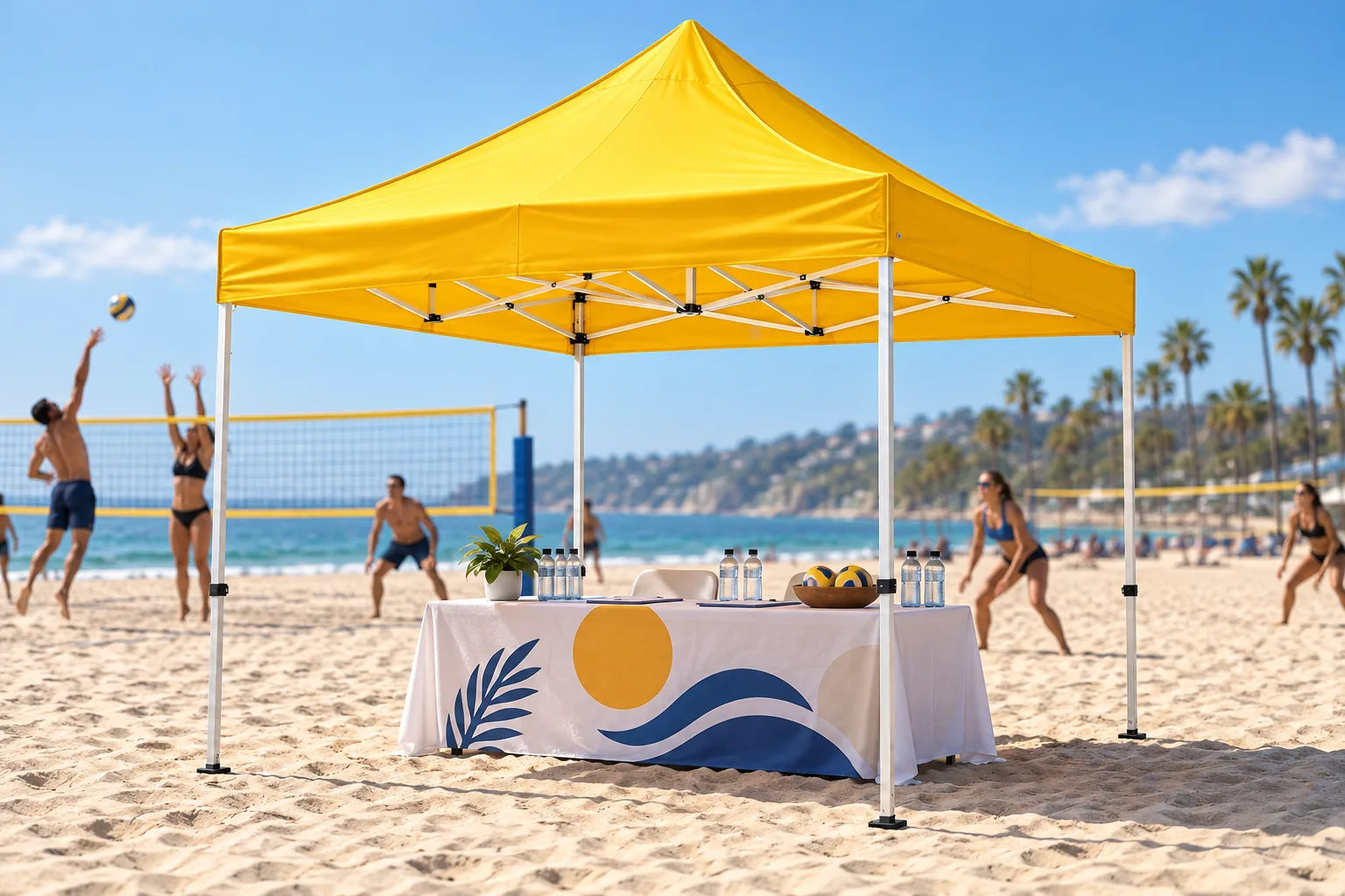 Yellow 4 x 4 m tent at a beach-volleyball tournament