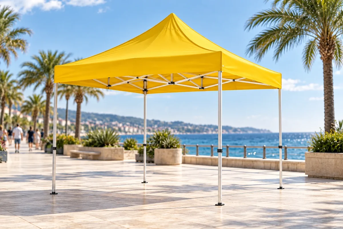 4 x 4 m tent with yellow roof on a seaside promenade