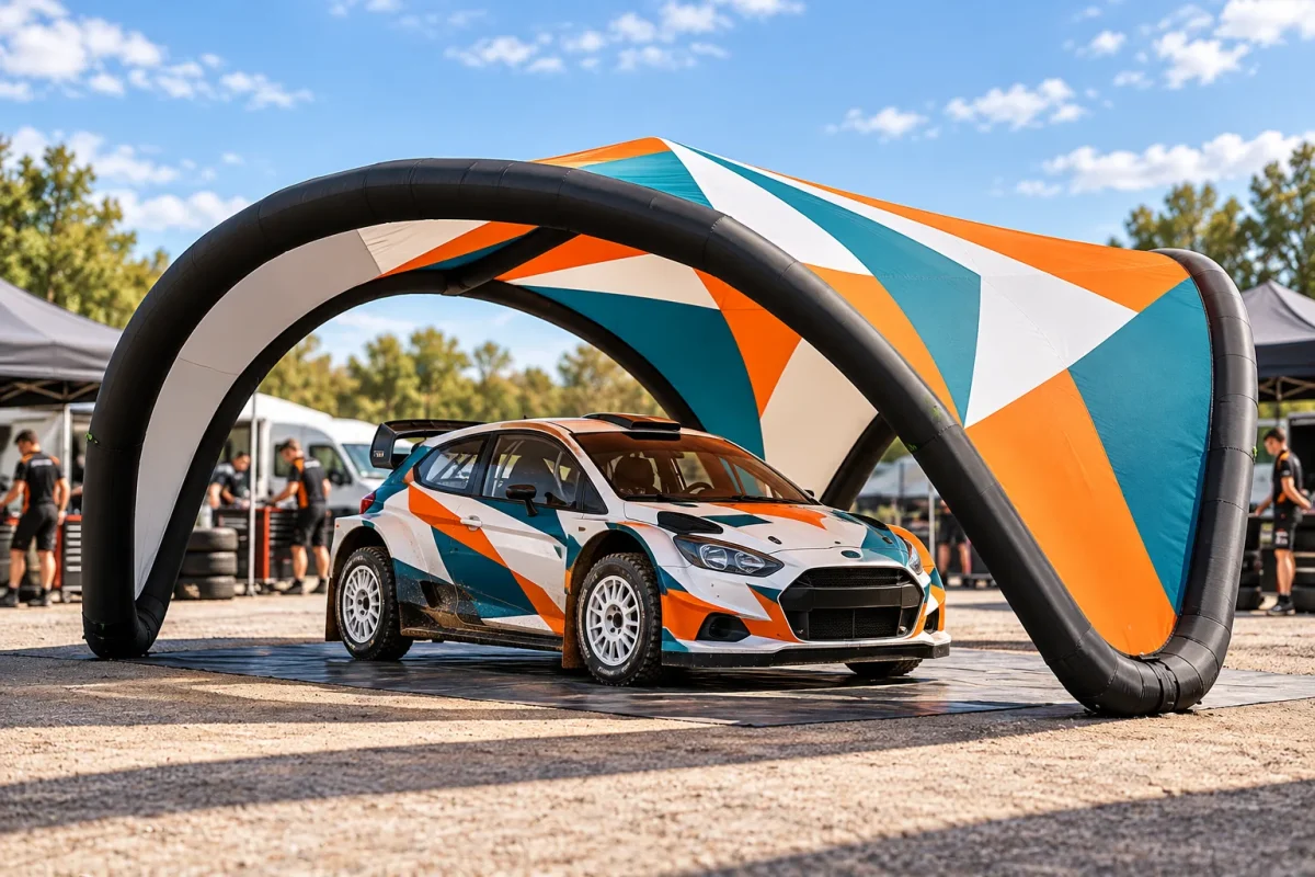 THREE-FLATABLE TENT with a printed roof at a motorsport paddock