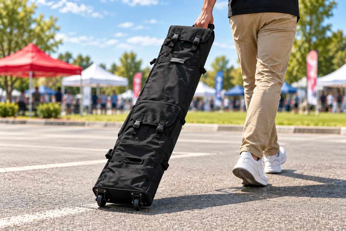 TROLLEY BAG for a pop-up tent being wheeled to an event