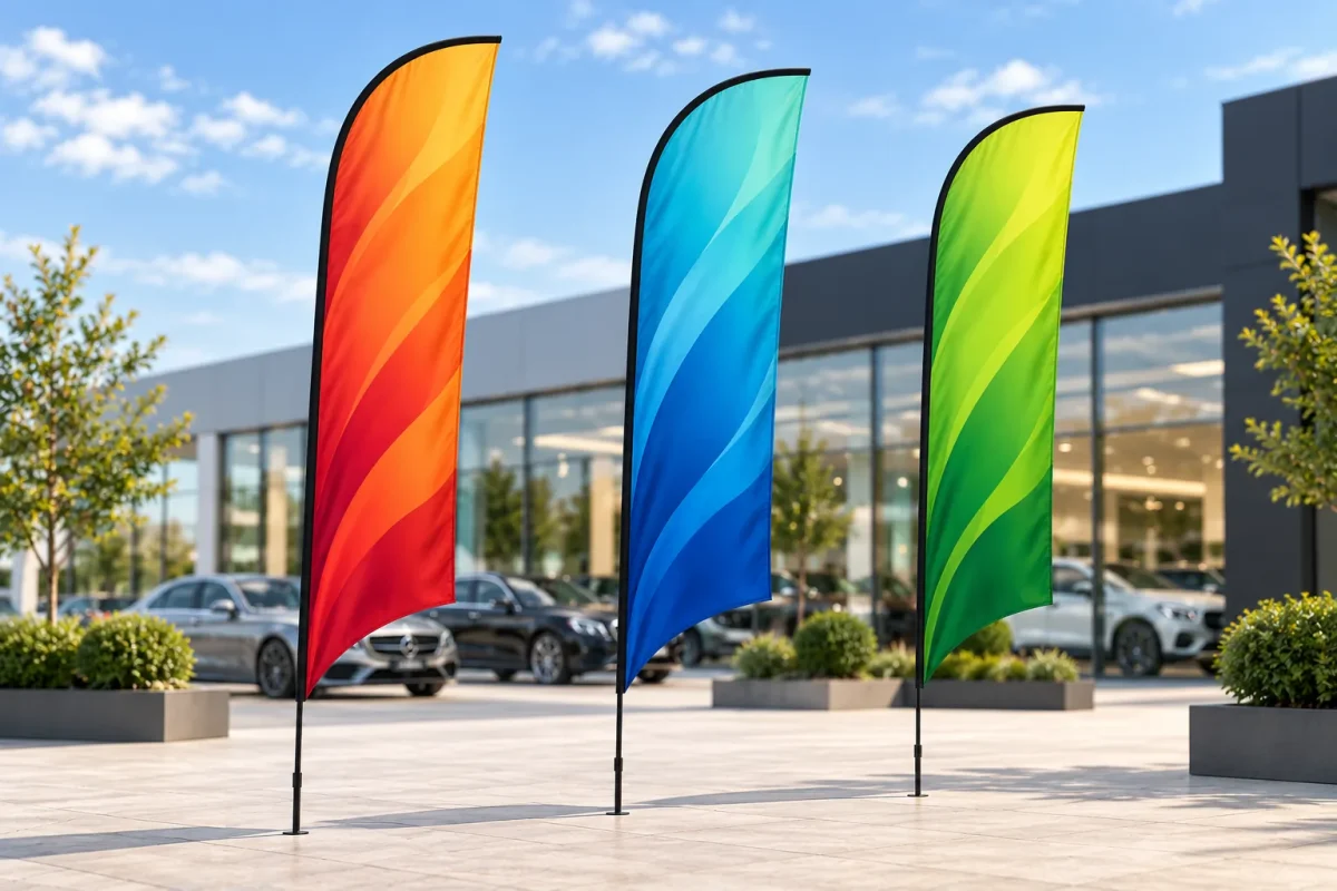 WIND flags at a car dealership